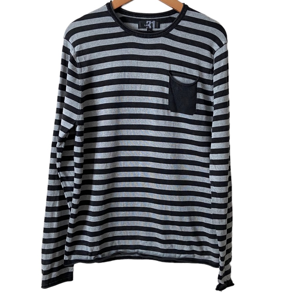 Simons Mens Crew Neck Black Grey Stripped Sweater Large